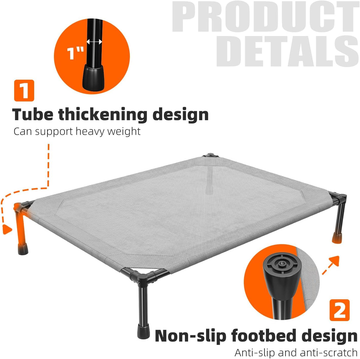 Simple Trending Raised Bed for Large Dog, Waterproof L Pet Cot, Breathable Big Bed Load 300lb, Metal Connector, Grey