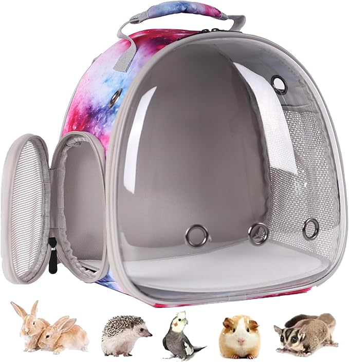 Bunny Carrier Backpack with Space Capsule Clear Bubble Window - Portable Small Animal Backpack Travel Pet Carrier Galaxy for Guinea Pig Rabbit Bearded Dragon Rat Lizard Hamster (Galaxy Pink)