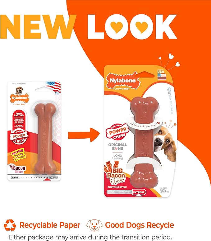 Nylabone Power Chew Classic Bone Chew Toy for Dogs, Durable Dog Toys for Aggressive Chewers, Bacon Flavor, Medium/Wolf - Up to 35 lbs. (1 Count)