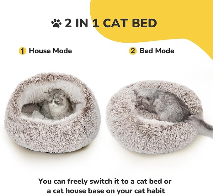 CATISM Plush Hooded Cat Bed, Calming Nest, Self-Warming Cave, Cozy Pod for Indoor Cats or Small Dogs, Removable Washable Cove With Non-Slip Bottom