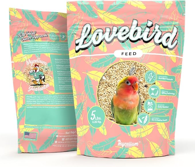 Mycelium Lovebird Feed (5 LB Bag) | Organic, Clean Seed Blend for Lovebirds & Small Parrots | Supports Skin & Feather Health | Non‑GMO, Shell-Free Nutrition | USA Made