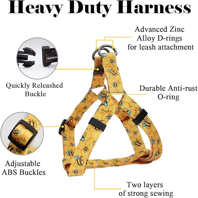 QQPETS Dog Harness Leash Set Adjustable Heavy Duty No Pull Halter Harnesses for Small Medium Large Breed Dogs Back Clip Anti-Twist Perfect for Walking (S(14"-20" Chest Girth), Yellow Bee)