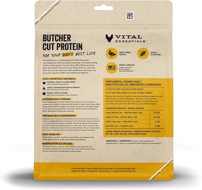 Vital Essentials Freeze Dried Raw Protein Mix-in Dog Food Topper, Duck Mini Nibs Topper for Dogs, 18 oz