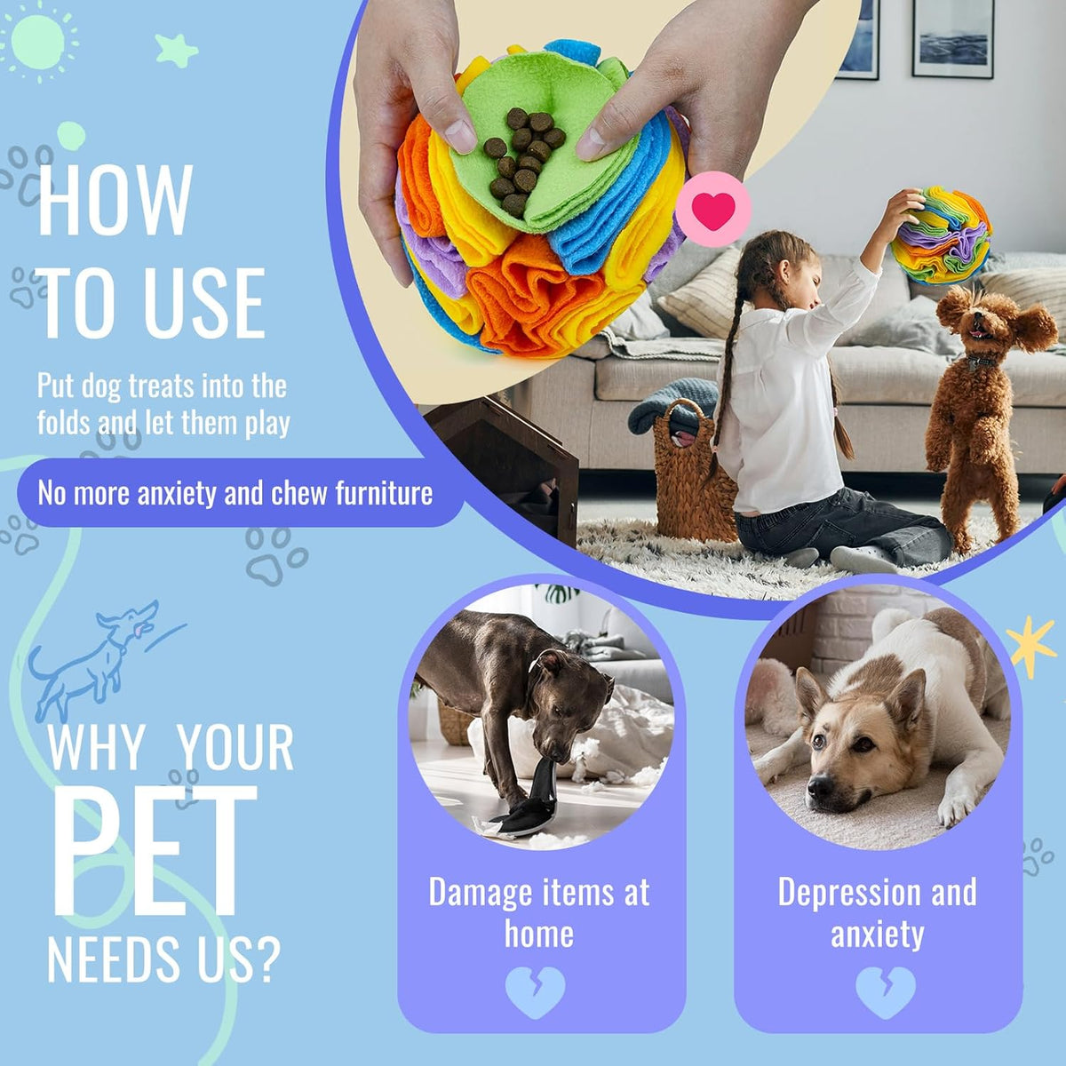 Pet Snuffle Ball, Puzzle Sniffing Interactive Dog Ball for Blind Dogs Training Stress Relief Dog Enrichment Toys Treat Machine Washable (20cm, Sweet Purple)