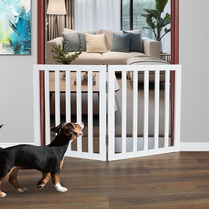 ZJSF Freestanding Indoor Dog Gate for House Foldable Wood White Puppy Gate for Doorways Pet Gate for Stairs Extra Wide Pet Fence 24" Height 2 Panels