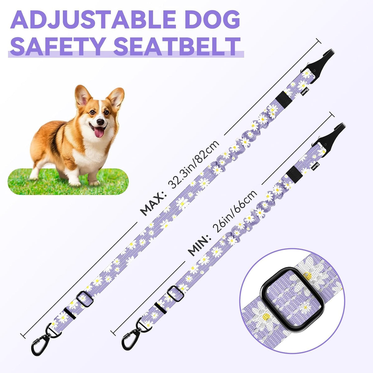 Pawaboo Dog Seatbelt for Car, Dog Seat Belt Bungee, Shockproof Dogs Tether for Car with Buckle & Hook Latch, Adjustable Reflective Dogs Cars Harness Leash with 360° Lockable Buckle, Light Purple