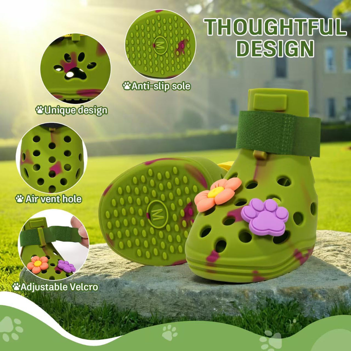 Dog Shoes for Hot Pavement, Adjustable Magic Tape Boots for Small, Medium & Large Dogs, Anti-Slip, Easy to Clean Paw Protectors for Beach, Outdoor & Hot Weather (Green M)