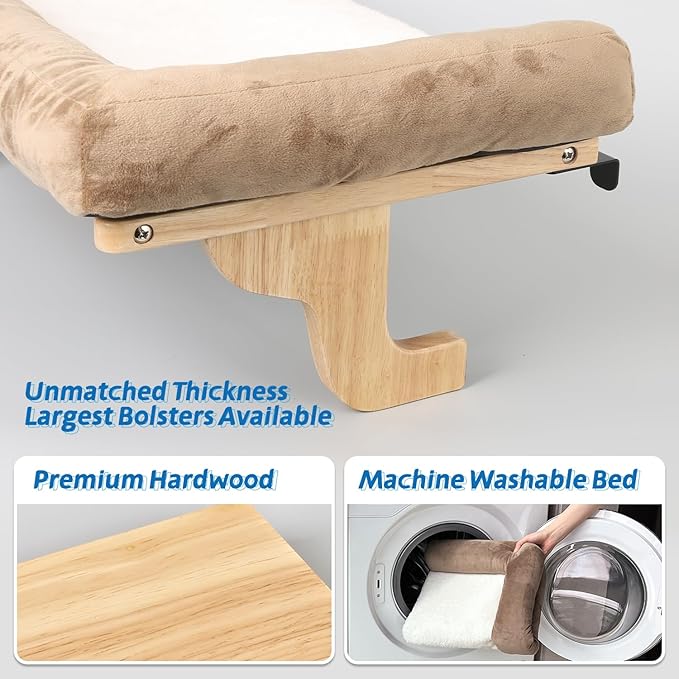 Cat Perch for Window Sill with Bolster - Orthopedic Hammock Design with Premium Hardwood & Robust Metal Frame - Cat Window Seat for Large Cats and Kittens - Natural Color Wood with Brown Bed