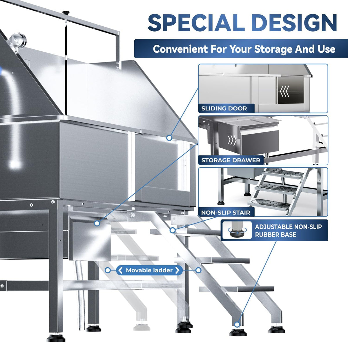 Professional 46" Dog Washing Station, Stainless Steel Dog Bathing Station, Height Adjustable Dog Wash Station, Storage Drawer, Upgrade Parts, Home, Commercial (Right Step)