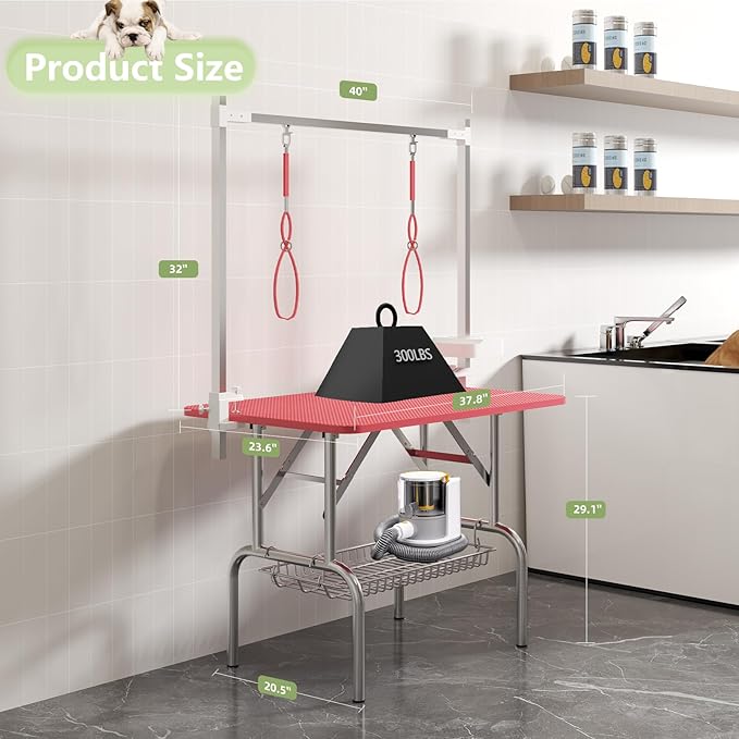 VFK 36''/47''Large Dog Grooming Table, Foldable Pet Station at Home, Dog Grooming Table,Adjustable Cat Drying Desktop with Arms, Nooses, Mesh Tray (Stainless Steel pet Table, 36" Pink)