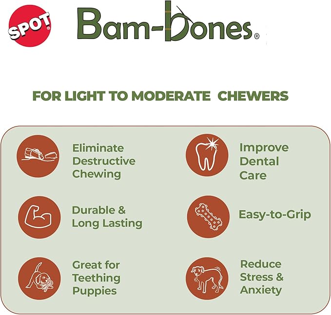 SPOT Bam-Bones Wishbone - Made with Strong Bamboo Fiber, Durable Long Lasting Dog Chew for Light to Moderate Chewers, Great Toy for Adult Dogs & Teething Puppies Under 30lbs, 5.25in, Bacon Flavor