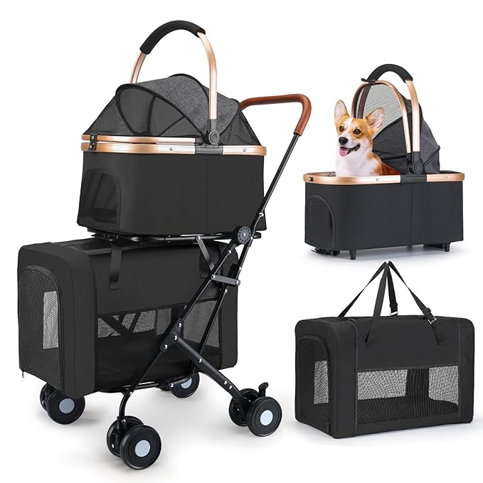 Double Pet Stroller for Small Medium Dogs - 4 In1 Dog Stroller for 2 Pets, Detachable and Foldable with 360°Rotating Wheels, Easy Assembly and Compact Size