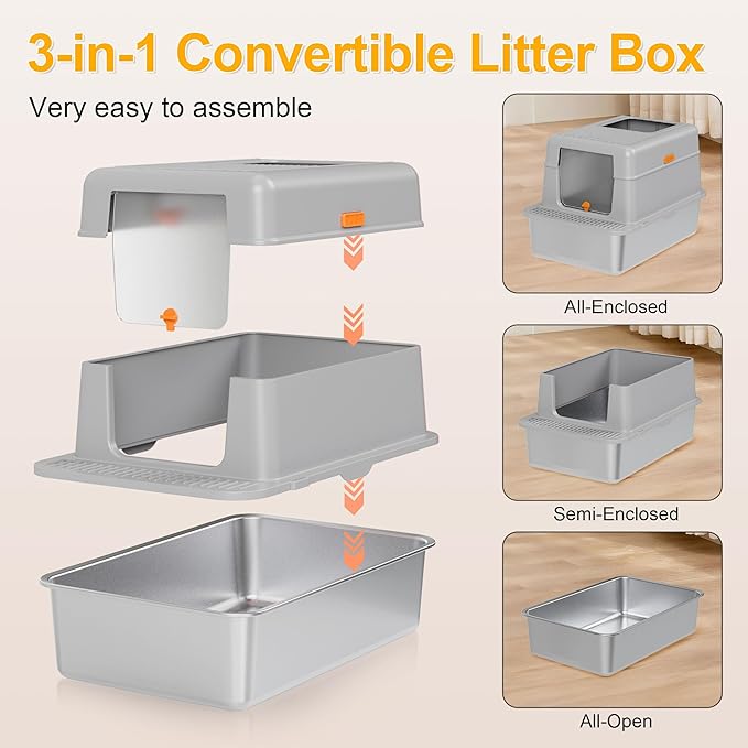 Stainless Steel Litter Box with Lid, 20L Metal Enclosed Litter Box for Big Cat, Flip-Top Design with Anti-Leakage High Sides, Large Cat Lovers Gifts (#1 Gray)