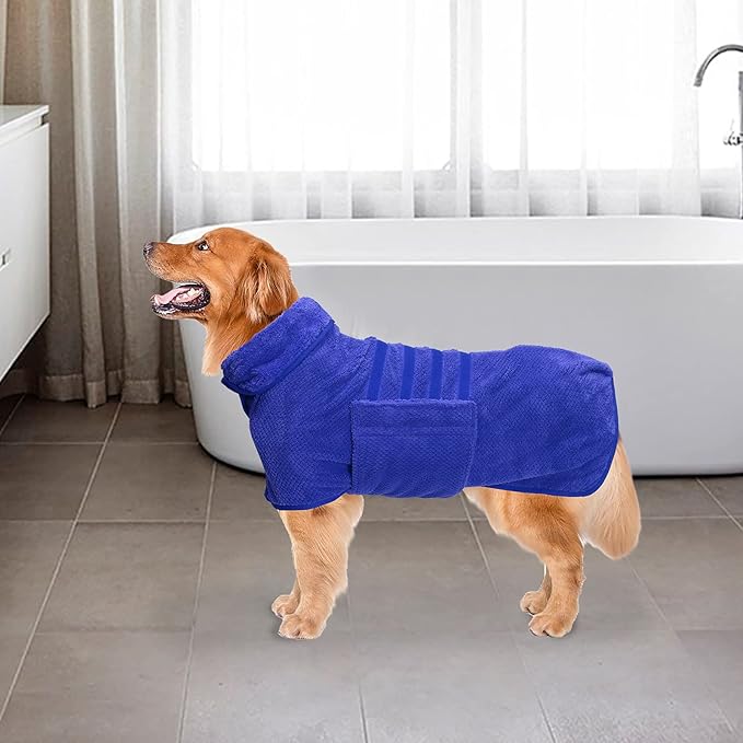 Geyecete Pineapple Grid Fast Drying Super Absorbent Dog Cat Bath Robe Towel - Blue-M