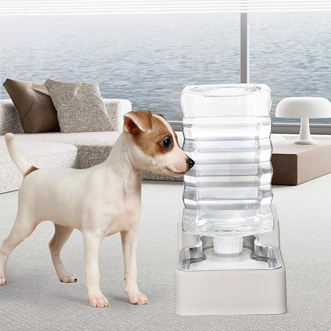 RIZZARI Stainless Steel Pet Water Feeder: 7.5L Beige Automatic Leak-Proof Gravity Dispenser for 20-35 LB Dogs with Arthritis - Without Filter - Ideal for Living Room Kitchen
