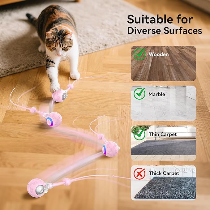 Interactive Cat Toys Ball for Indoor Cats, Automatic Pet Toys for Bored Indoor Adult Cats, Motion Activated, USB Rechargeable, Christmas Birthday Gifts(Pink)