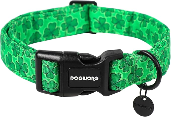 DOGWONG St. Patrick's Day Dog Collar, Green Lucky Clover Shamrock Green Dog Collar Soft Durable Adjustable Costume St. Patrick's Day Lucky Charm Puppy Collar for Small Medium Large Dog