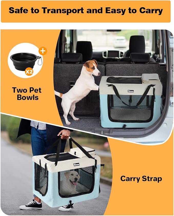 Extra Large Dog Crate with 2 Foldable Bowl, 36 Inch Collapsible Travel Dog Crate Kennel with Soft Blanket for Medium Dogs,Indoor & Outdoor (36" L x 25" W x 25" H, Blue)