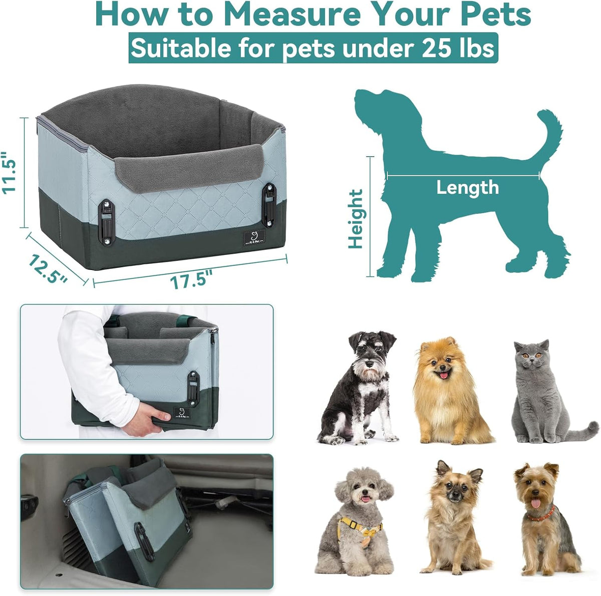 A 4 Pet Dog Car Seats for Small Dogs, Booster Car Seat with Patent Buckles & Clip-On Safety Leash, Pet Seat for Puppy Small Dogs Cats Under 25 Lbs, Green