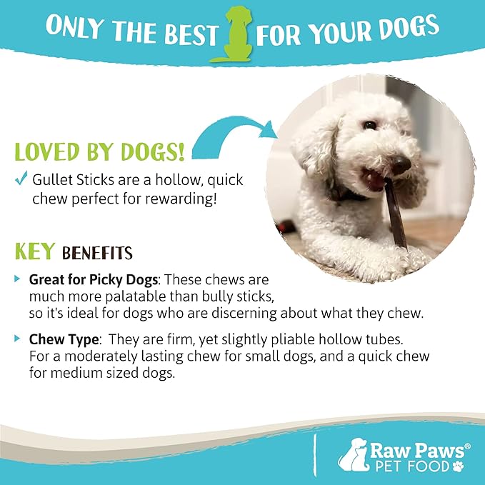 Raw Paws Beef Gullet Sticks for Dogs, 6-inch (10 Pack) - Free-Range Cows Raised Without Antibiotics or Added Hormones - Gullet Sticks for Small to Large Dogs - Beef Esophagus Dog Treats