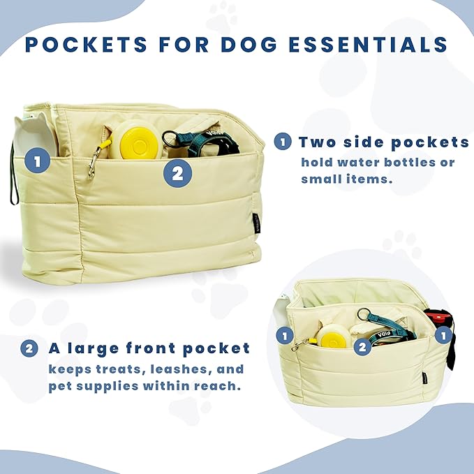 Lightweight Dog Purse Carrier for Small Dogs Under 15 lbs, Puffy Quilted Pet Carrier Tote for Puppies with Safety Leash Clip, Women's Hands-Free Dog Carrier Bag for Travel/Shopping (Beige)
