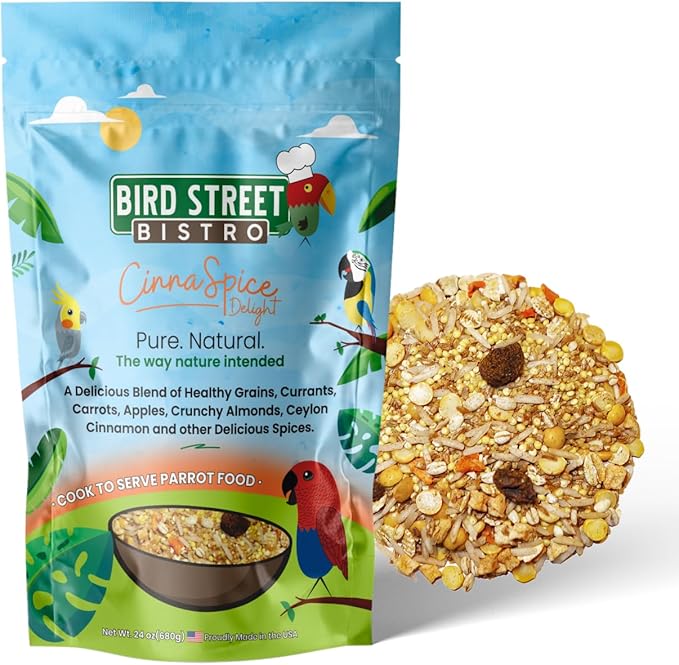Bird Street Bistro Parrot Food for Parakeets & Cockatiels - CinnaSpice - 24 oz - Cooks in 3-15 min, Natural & Organic Grains, Fruits & Vegetables - USA Made