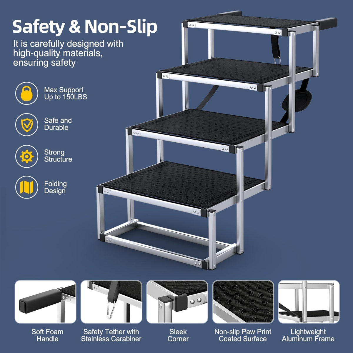 Dog Stairs for Car, Foldable Dog Ramp for Car with Non-Slip Surface, Portable Stairs Aluminum SUV, High Beds, Truck, Supports up to 150 lbs, 4 Steps