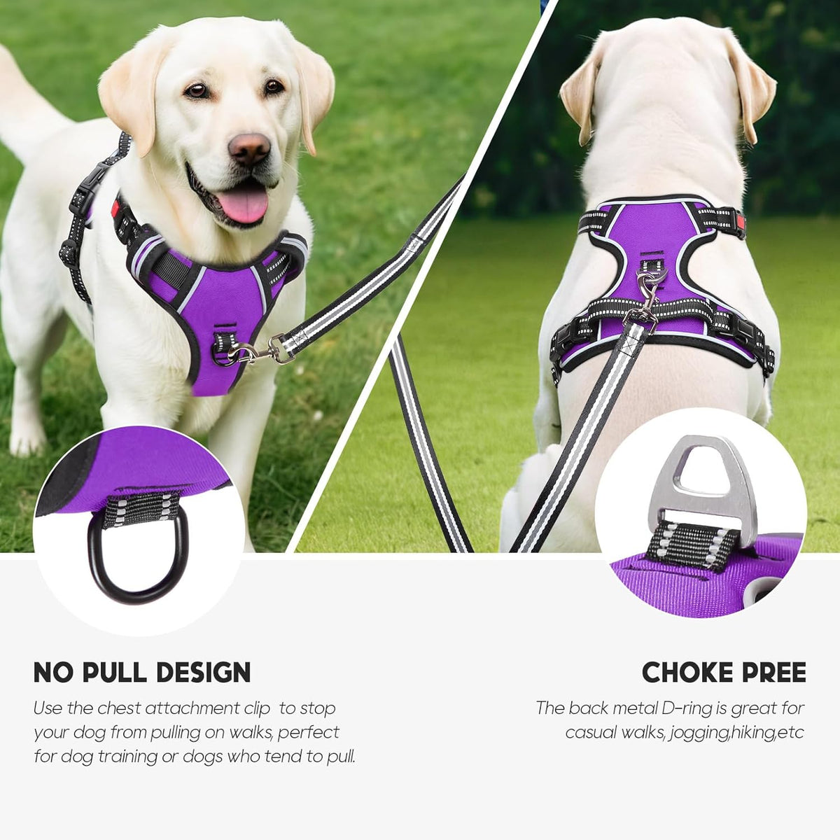 Timos Dog Harness Large Sized, No Pull with Neck Lockable Snap,No Choke Front Clip Dog Reflective Harness,Adjustable Metal Rings 3 Buckles,Easy Control Handle for Large Dogs Purple L