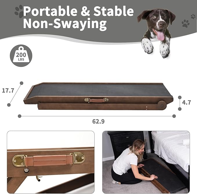 ABORON Dog Ramp,Adjustable Folding Pet Ramp for Bed,Couch,SUV - High Traction Portable Rubber Paw Ramps,Great for Small & Large Old Dogs & Cats, Supports up to 200 lbs,63''Long