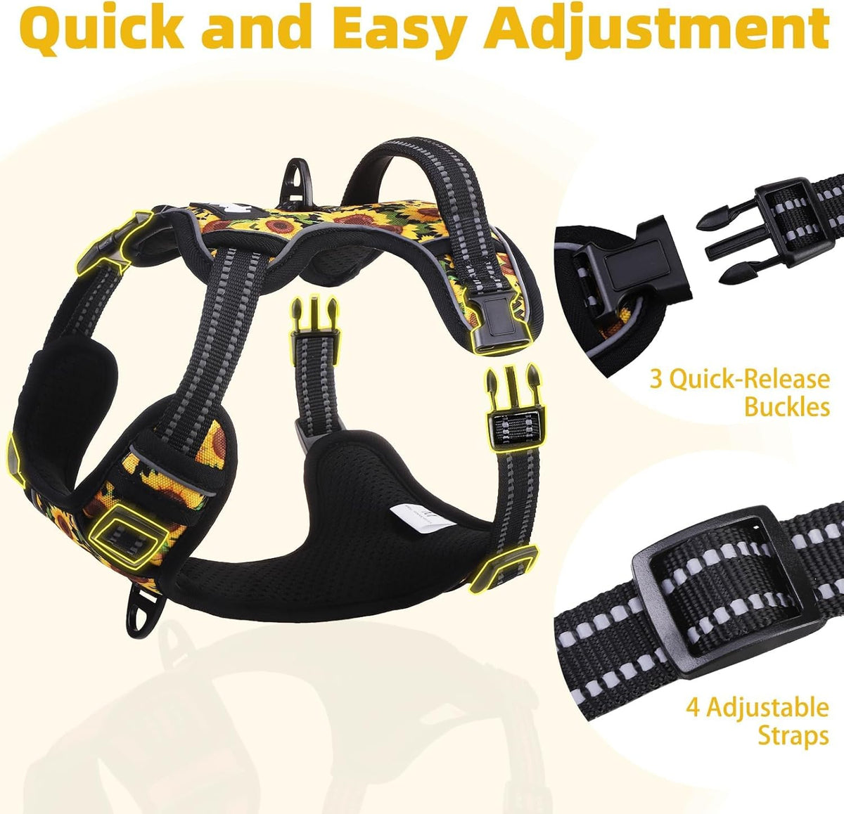 PUPTECK No Pull Dog Harness for Large, Adjustable Reflective Dog Harness with Handle Easy Control, Comfortable Soft Padded Pet Vest Harness for Large Dogs, Sunflower L