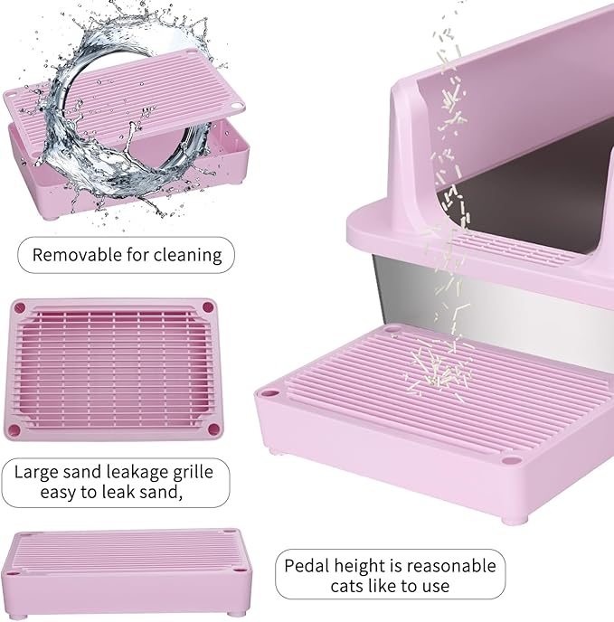 RIZZARI Large Stainless Steel Cat Litter Box: Open Top Leak-Proof Large Cat Pan - Odor Control for Indoor Multi-Cat Homes (Light Pink, 23.8" L*16" W*12" H)