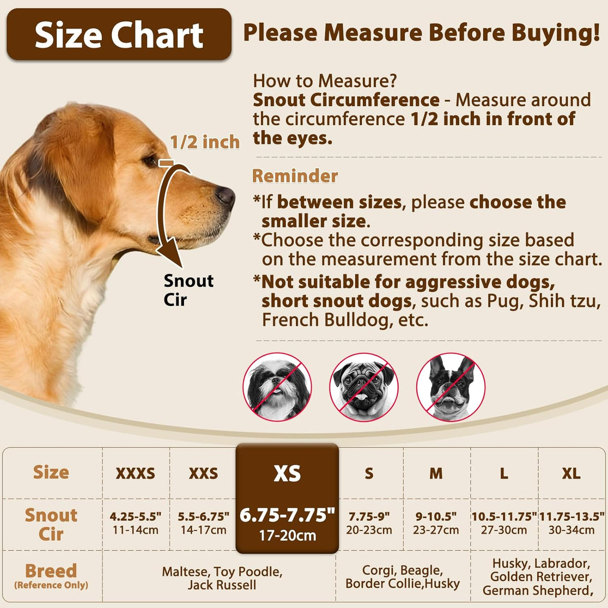 Crazy Felix Nylon Dog Muzzle for Small Medium Large Dogs, Air Mesh Breathable and Drinkable Pet Muzzle for Anti-Biting Anti-Barking Licking (XS, Beige)