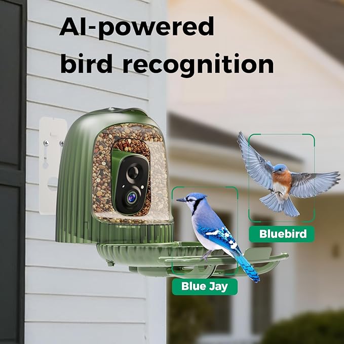 HIXX Smart Bird Feeder with Camera, AI Bird Identifier & 4MP Color Night Vision, Exclusive Vertical View Mode, Squirrel-Deterrent Design, Solar Light for Nature Lovers (Color Light)