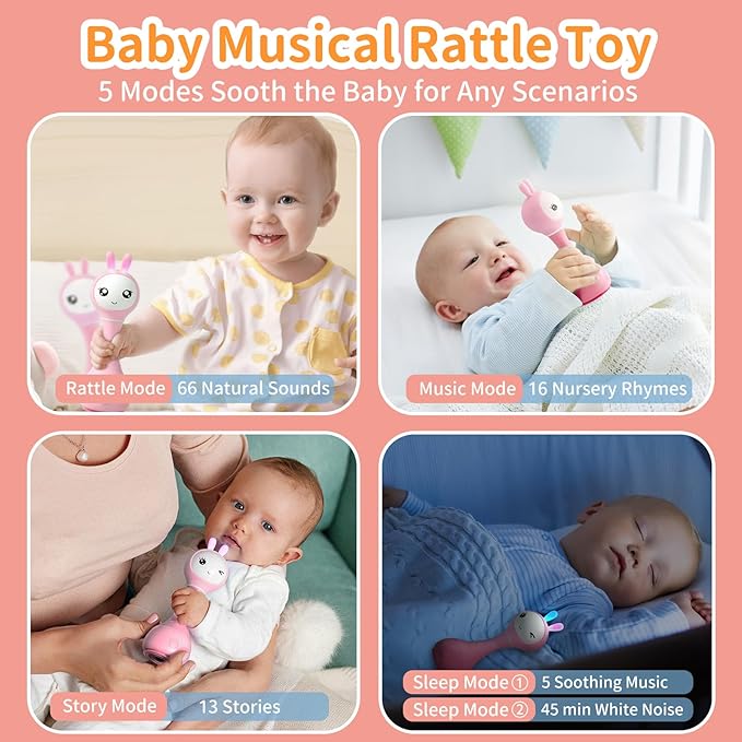 alilo Smarty Bunny Baby Rattle Musical Light Up Toys, Infants Newborns Baby Toys 0-3-6-12-18-24 Months,1 Year Old Boy Girl Gifts, 4 Music Modes and Color Recognition Function with 9 Color Card