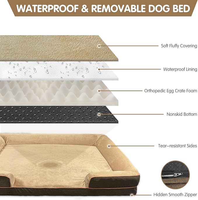 Dog Beds for Large Sized Dogs,Washable Orthopedic Memory Foam Dog Couch Sofa Bed with Bolster,Removable Cover,42x30Inch,Brown