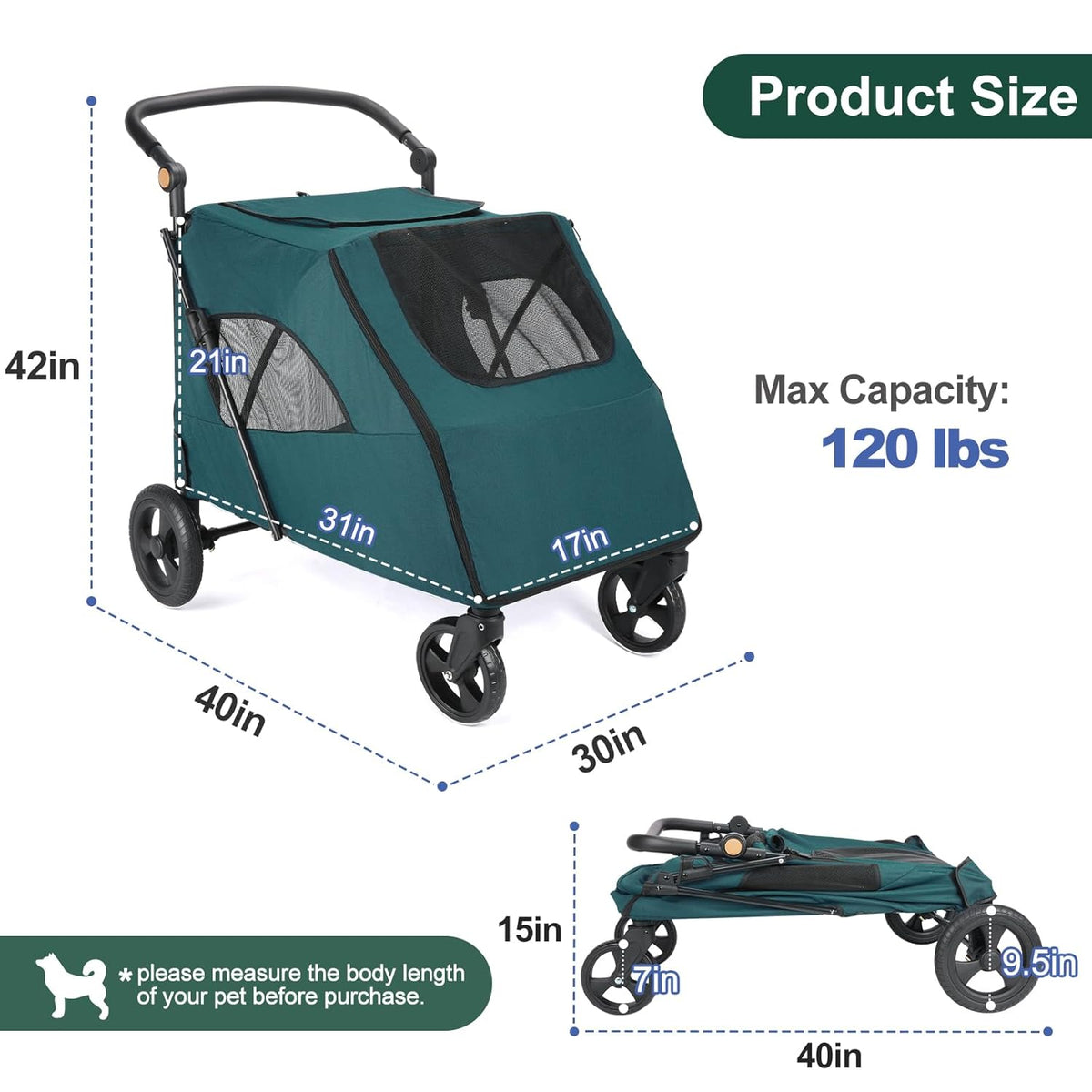 Large Dog Travel Stroller with 4 Heavy Duty Wheels Pet Stroller with Adjustable Handle - Double Doggie Capacity Jogger Wagon with Back Front Door for Small Medium Large Dogs (Dark Green-C)