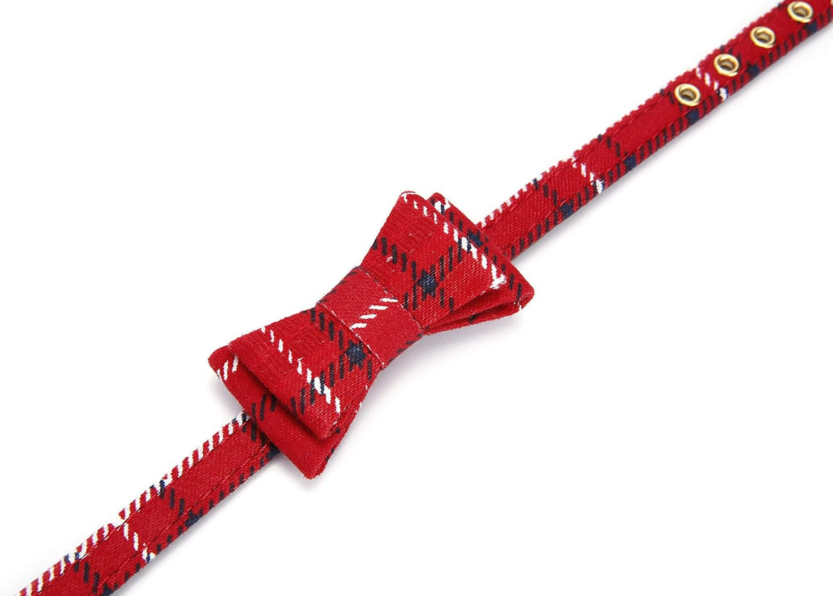 Puppy Collars for Small Dogs - StrawberryEC Adjustable Puppy Id Buckle Collar Leather. Cute Plaid Bandana Dog Collar (Bow-Red Grid)