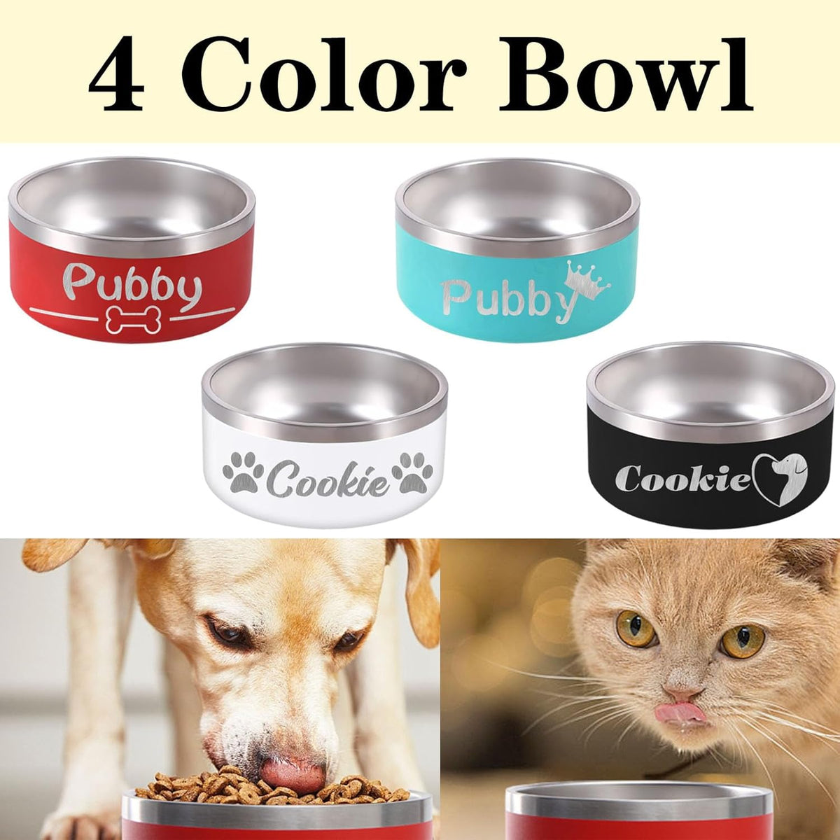 18OZ Personalized Dog Bowl Laser Engraved Custom Pet Name 18/32/42/64 oz No Slip Stainless Steel Insulated Bite-Resistant Food Water Dishes-Red