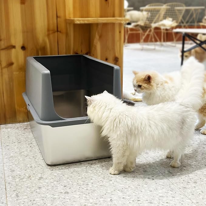 LIHONG Stainless Steel Litter Box with Lid, XL Metal Cat Box for Indoor Cats, Enclosure Cat Litter Pan for Large Cats, Non-Sticky Large Kitty Litter Box, Anti-Leakage, 23.5" X 15.5" X 16"