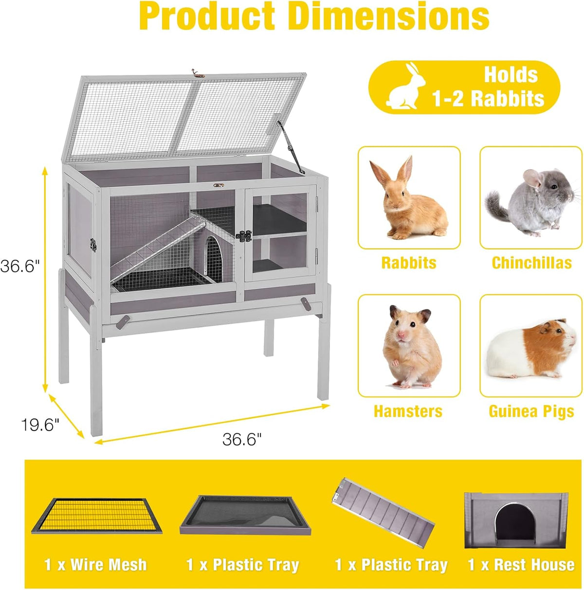 Aivituvin 2-Story Rabbit Hutch with Anti-Chew Ramp & Zinc Sheet - 36.6" Indoor Guinea Pig Cage, Wooden Stand, Pull-Out Tray & Leakproof Floor (Grey)