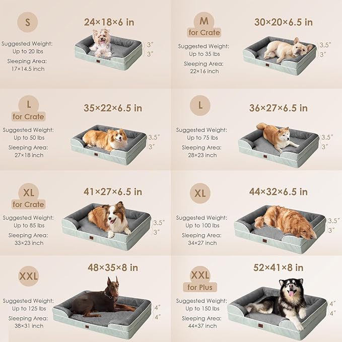 EHEYCIGA Orthopedic Dog Beds for Large Dogs, Waterproof Memory Foam Large Pet Bed with Sides, Non-Slip Bottom and Egg-Crate Foam Dog Couch Bed with Washable Removable Cover, Greyish Green