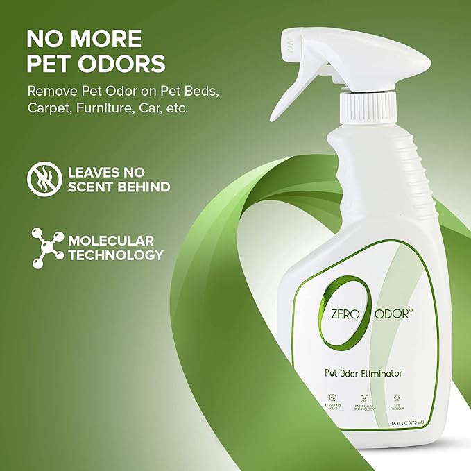 Zero Odor - Pet Odor Eliminator for Strong Odor, Eliminate Air & Surface Odors – Patented Molecular Technology Best For Carpet, Furniture, Beds Smell Great Again (Over 400 Sprays Per Bottle)
