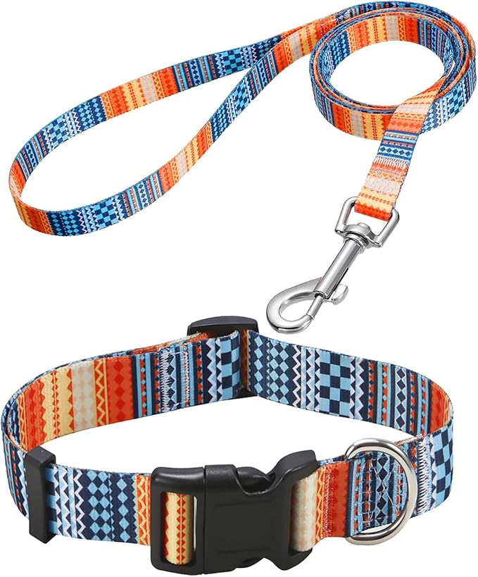 Dog Collar and Leash Set with Bohemia Floral Tribal Geometric Patterns - Soft Ethnic Style Collar Adjustable for Small Medium Large Dogs(Bohemian Orange Set,S)