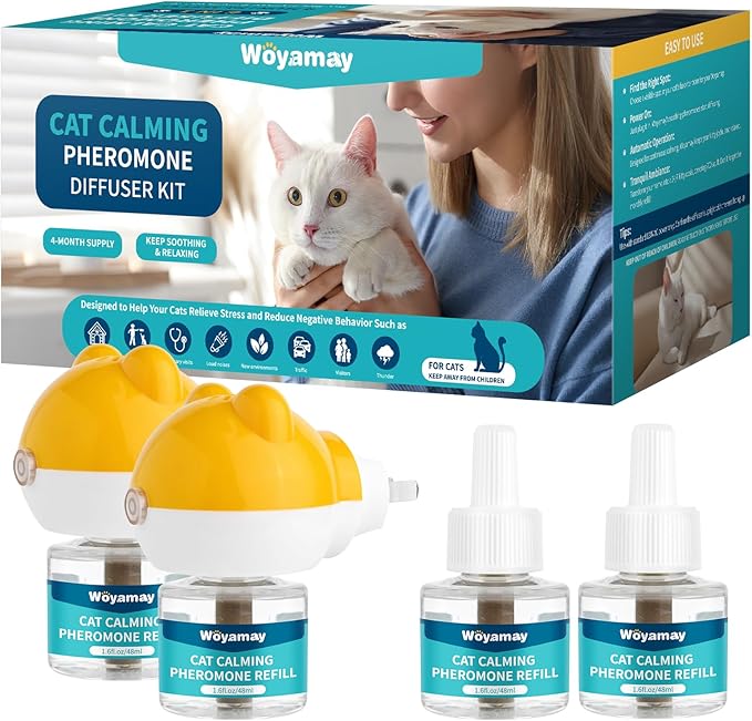 Cat Calming Diffuser - Cat Pheromones Calming Diffuser for Cat Anxiety Relief 6-in-1 Cat Pheromone Diffuser Kit with 2 Diffuser + 4 Refill 48ml Vial - 120 Days Pheromone Diffuser to Calm Cats