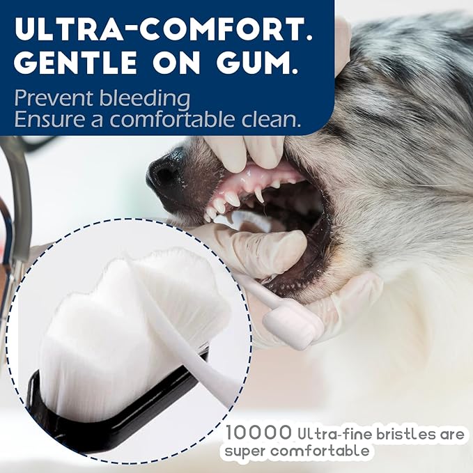 Dog Toothbrush Kit 4 Pack, 10,000 Ultra-Soft Bristles, Dog Tooth Brush for Medium to Large Dogs & Cats, Pet Tooth Brushing Kit for Easy Dental Cleaning, 2 Black Wave Head & 2 White Flat Head
