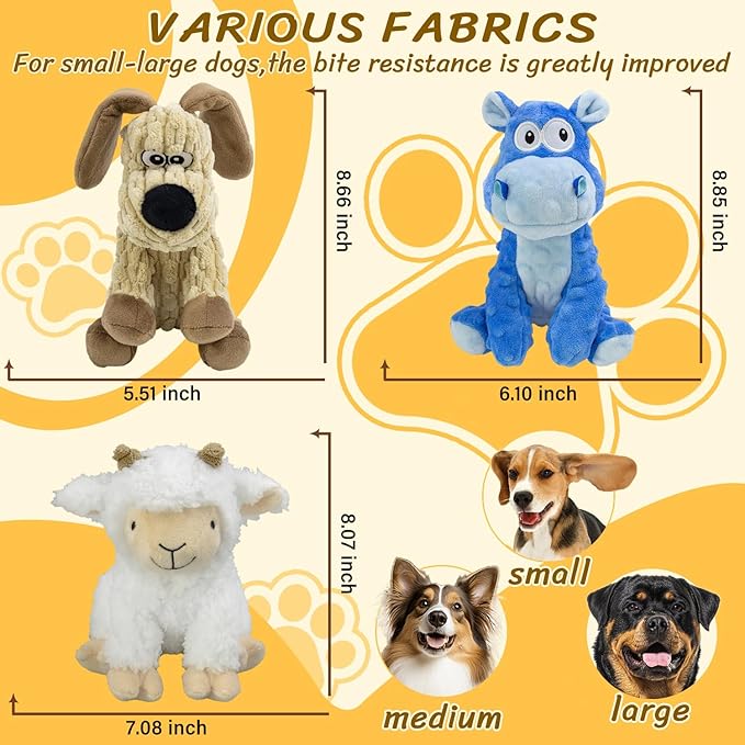 3Pack Squeaky Stuffed Dog Toys- Indoor&Outdoor Playing Toys for Large to Small, Durable Plush Toys to Keep Them Busy- Animal Shape Crinkle Toy