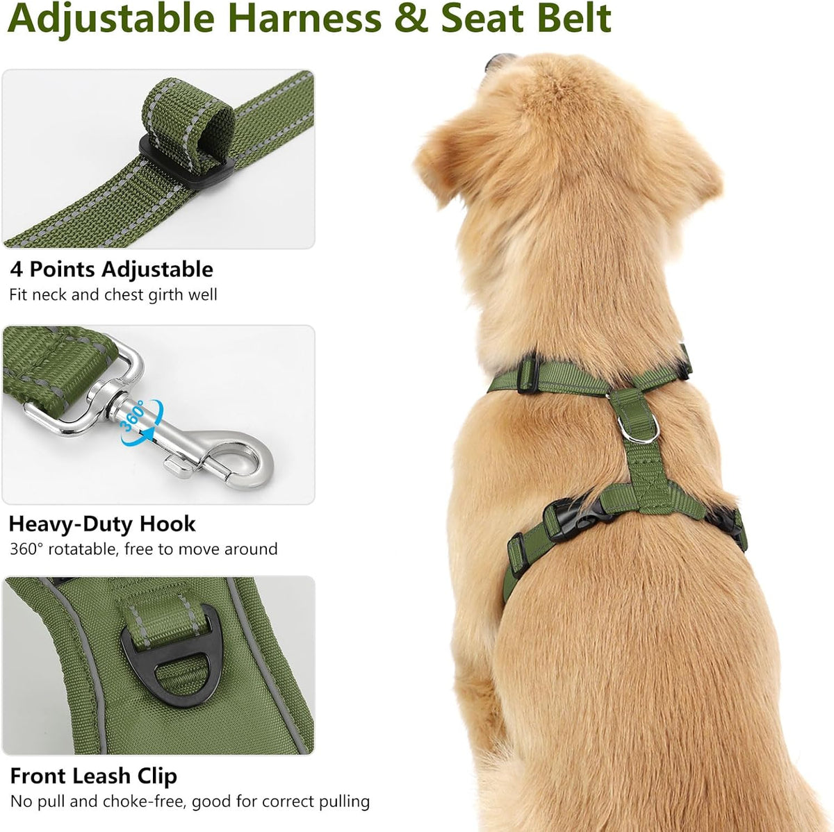 Dog Seat Belt Harness for Car, Dog Car Harness Adjustable Mesh Breathable & Dogs Seatbelt Safety Tether with Elastic Bungee for Small Medium Large Pets(Army Green, S)