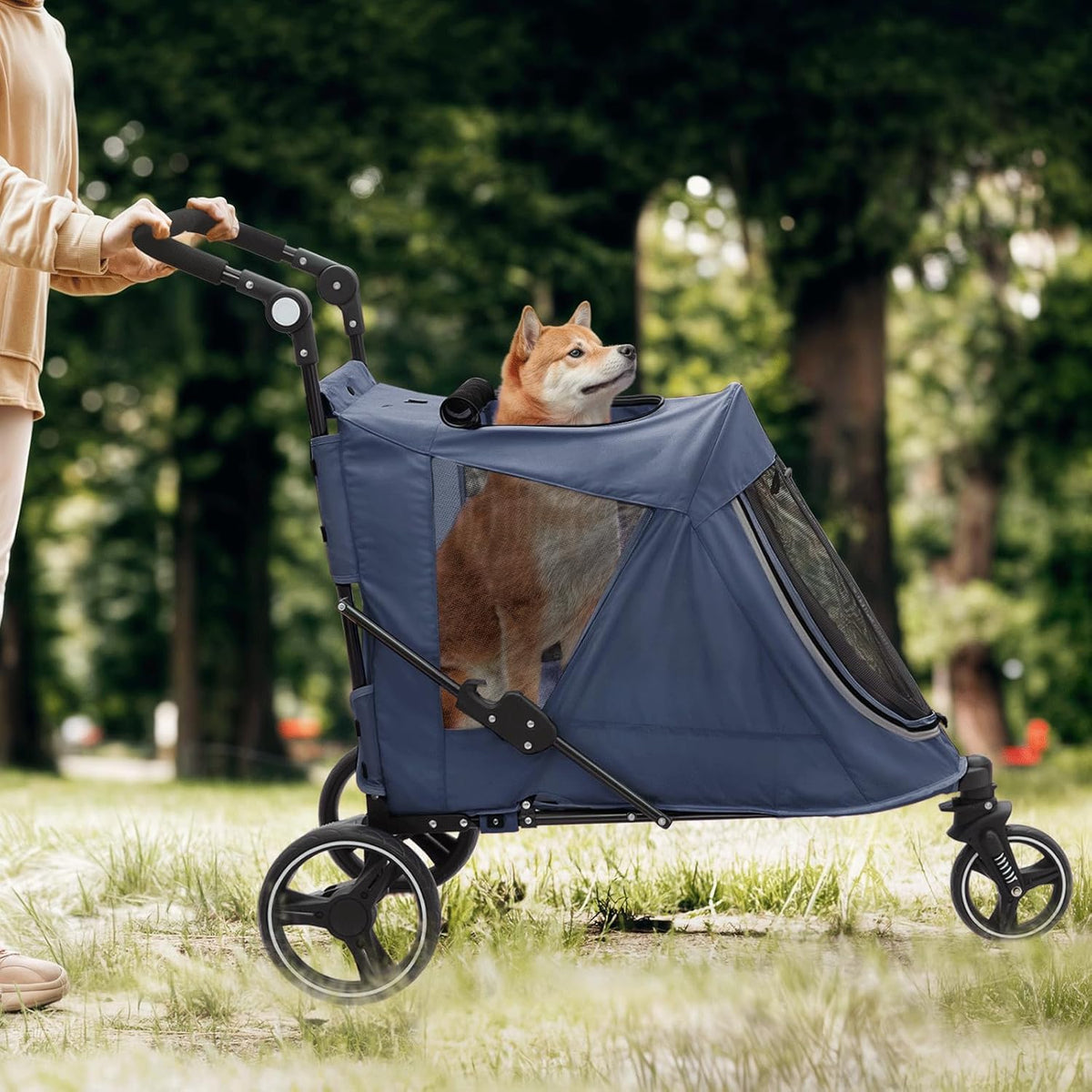Magshion Pet Stroller for Medium Dogs w/Adjustable Handle, 3-Wheel Dog Cat Wagon w/Dual Entry, Rear Storage, Breathable Mesh, One-Foot Brake, Ideal for Large Pets up to 55 lbs, Navy Blue
