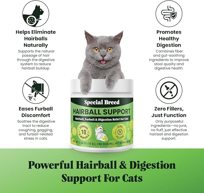 Hairball Support for Cats - 10 Super Ingredients for Hairball Relief, Digestive Support & Healthy Skin - No Fillers - Psyllium, Pumpkin, Omega-3s & More - 240 Scoops