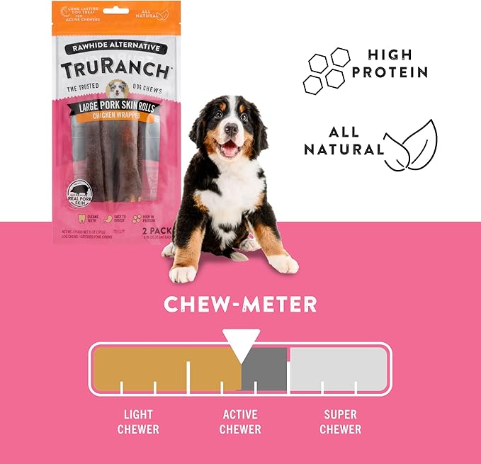 Large Pork Skin Rolls - Chicken-Wrapped Jerky Collagen Rolls - Collagen Chews for Dogs - Real Pork Skin - Rawhide Alternative - Easy to Digest Treat, 1 Bag, 2 Count